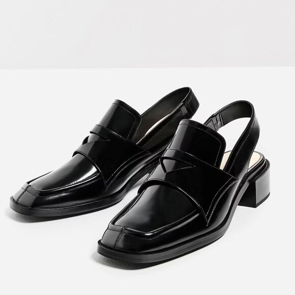 Zara Slingback Loafers in Shiny Black Leather, Size 36 - Picture 1 of 7